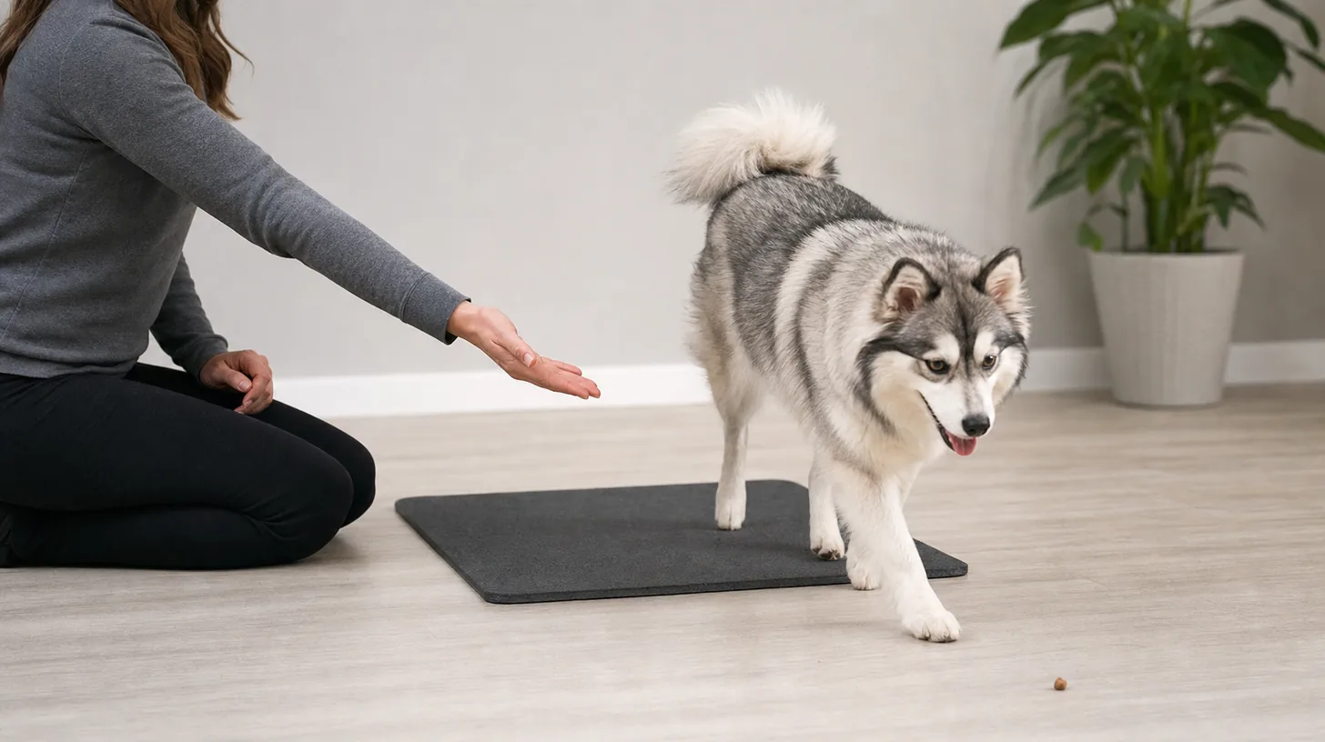 Pomsky steps voluntarily off a training mat after a caregiver release gesture