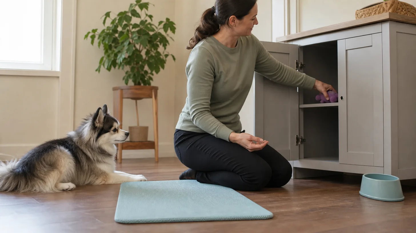 Caregiver puts away a dog toy while a Pomsky rests calmly after training