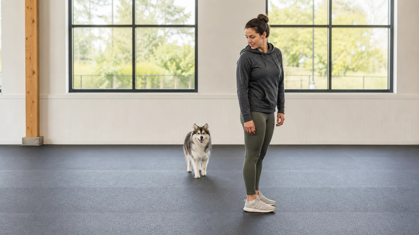 Pomsky stands centered behind a stationary caregiver in an open training room
