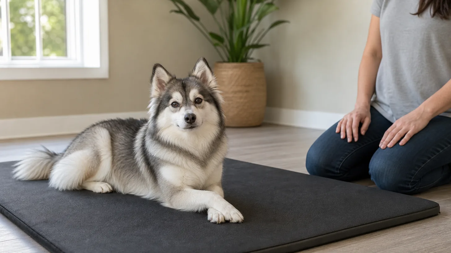 A relaxed Pomsky crosses one front paw over the other on a padded training mat