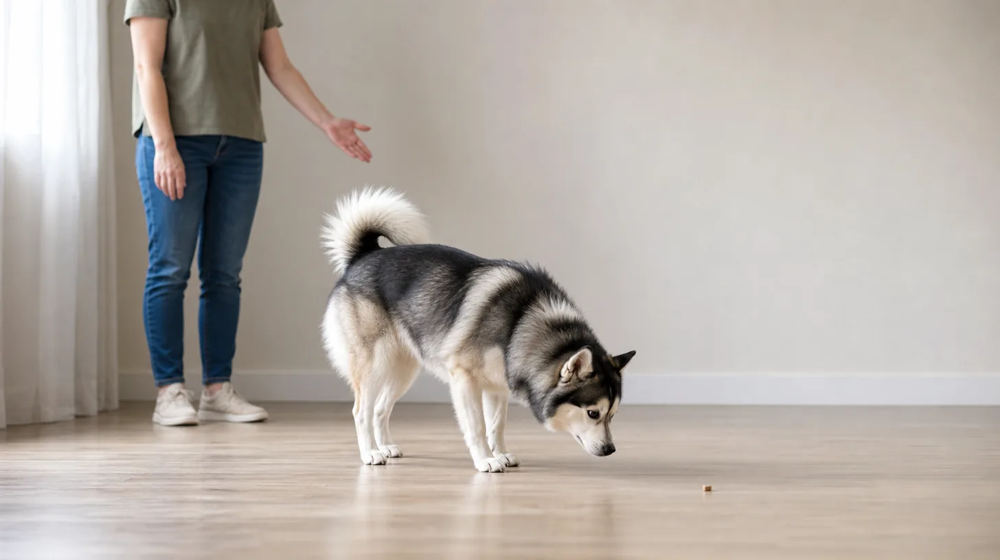 Pomsky searches for one visible reward on a clear indoor floor