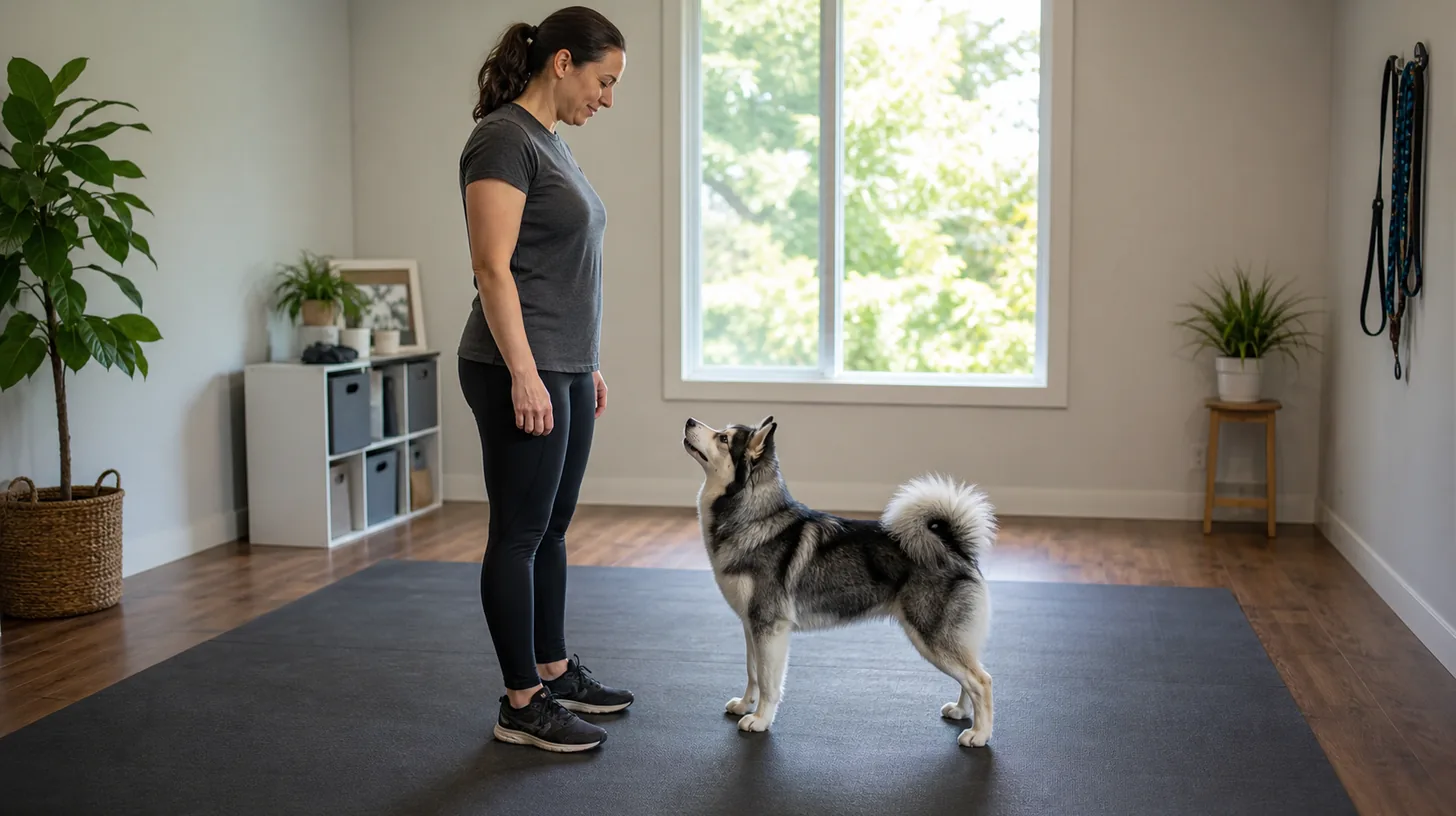 Pomsky stands centered and faces a caregiver in a stationary front position