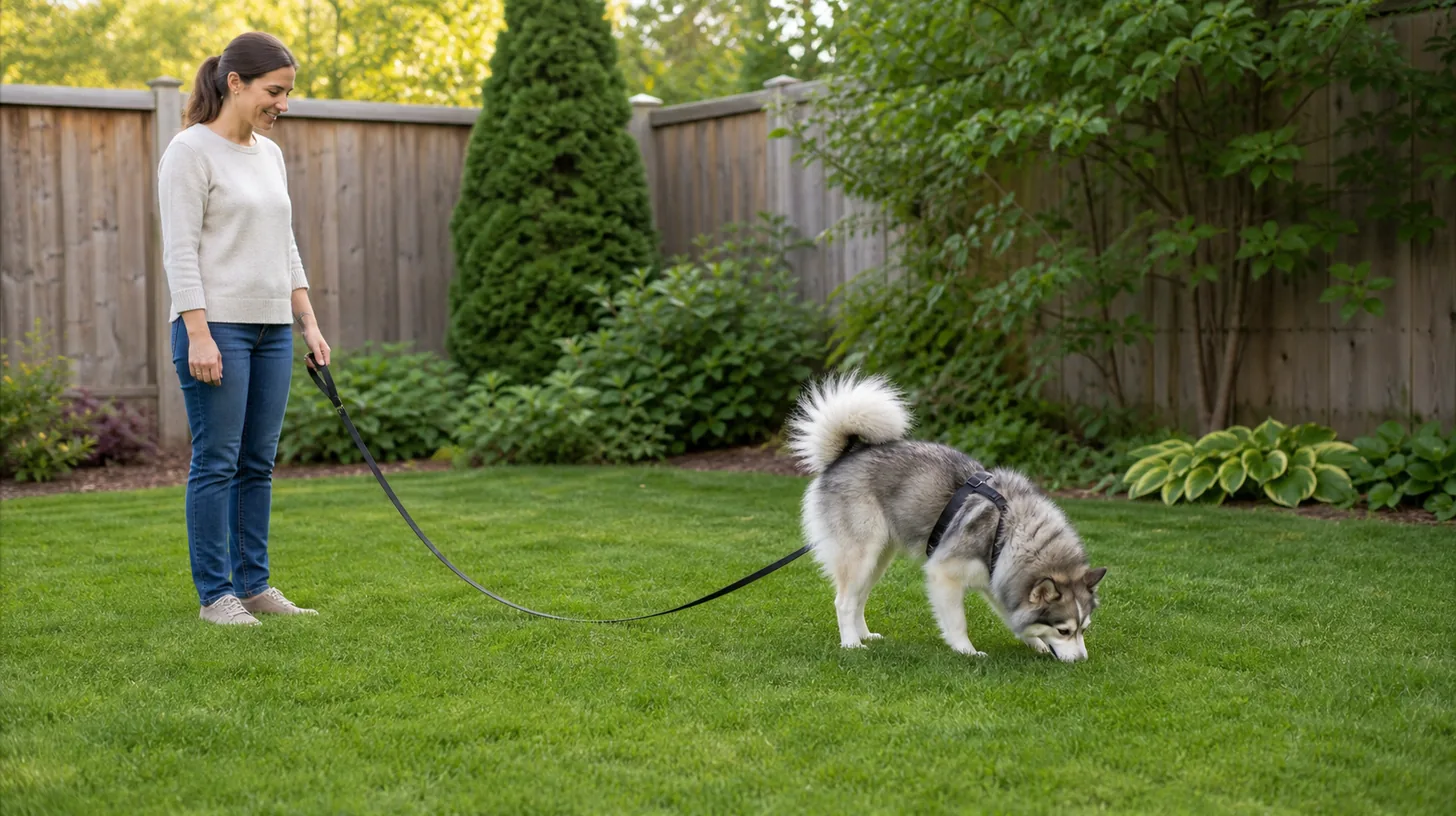 Leashed Pomsky voluntarily sniffs a clean grass patch with a relaxed caregiver