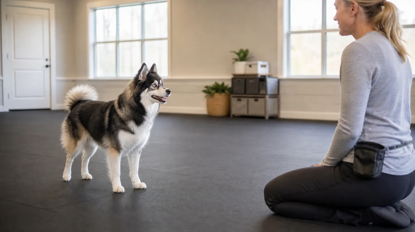 A Pomsky voluntarily orients to a seated caregiver in a secure training room