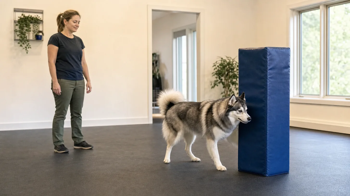 A Pomsky makes light shoulder contact with a broad padded target