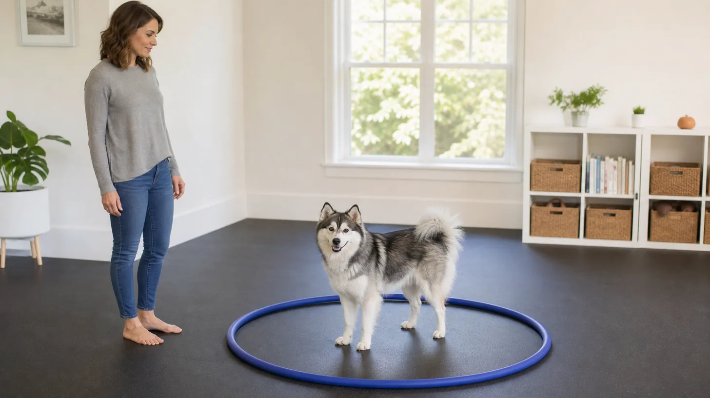 A Pomsky stands with all four paws inside a large hoop lying flat