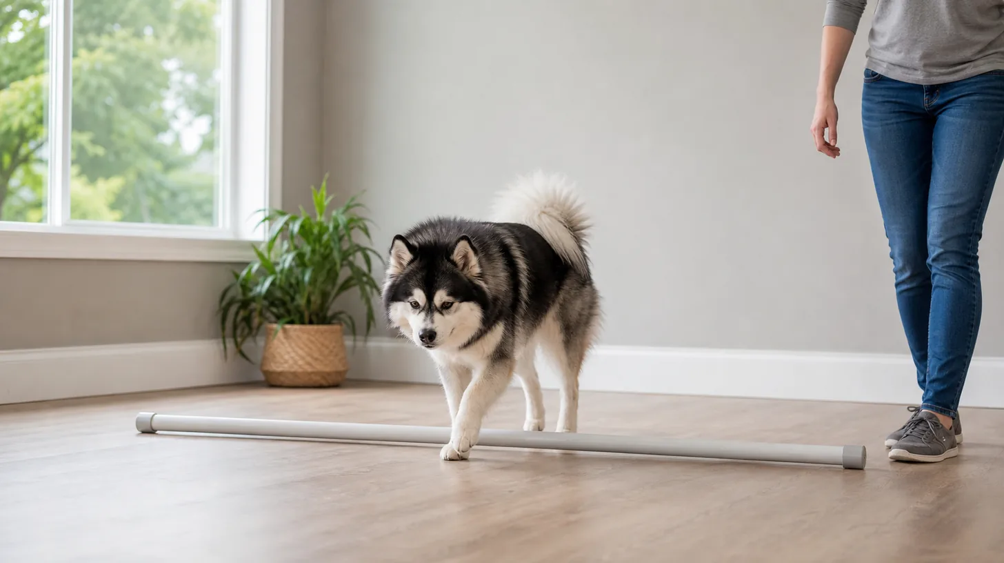 A Pomsky walks slowly over one low ground pole