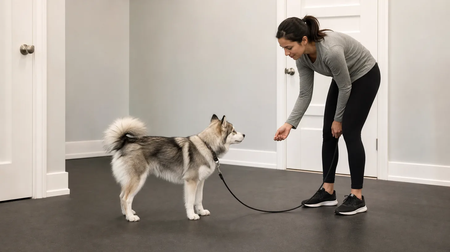 A Pomsky pauses in a natural stand beside a trainer with a completely loose leash
