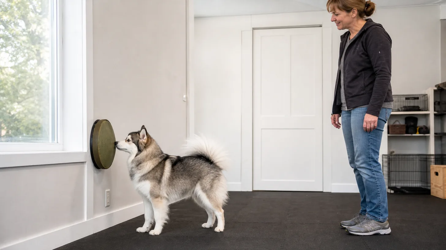 A Pomsky lightly touches a large stationary target pad with the nose