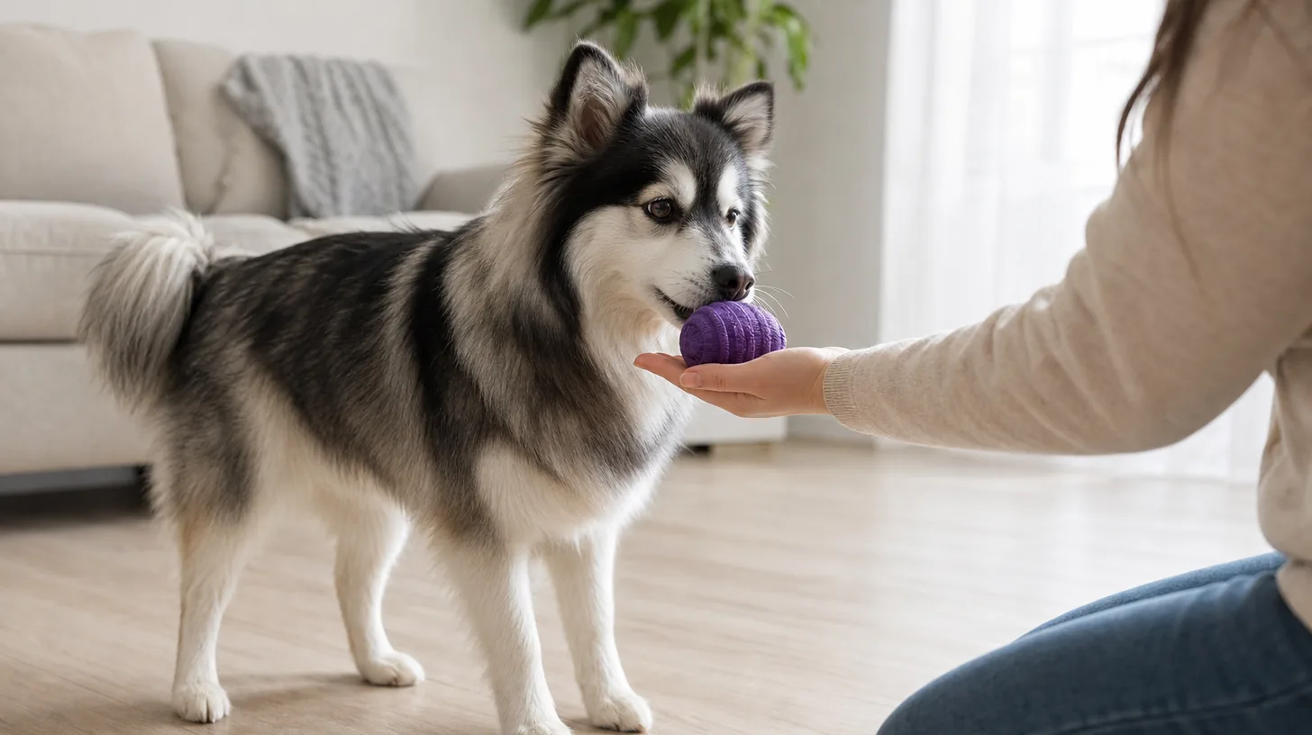 A Pomsky calmly takes an offered intact toy from a caregiver