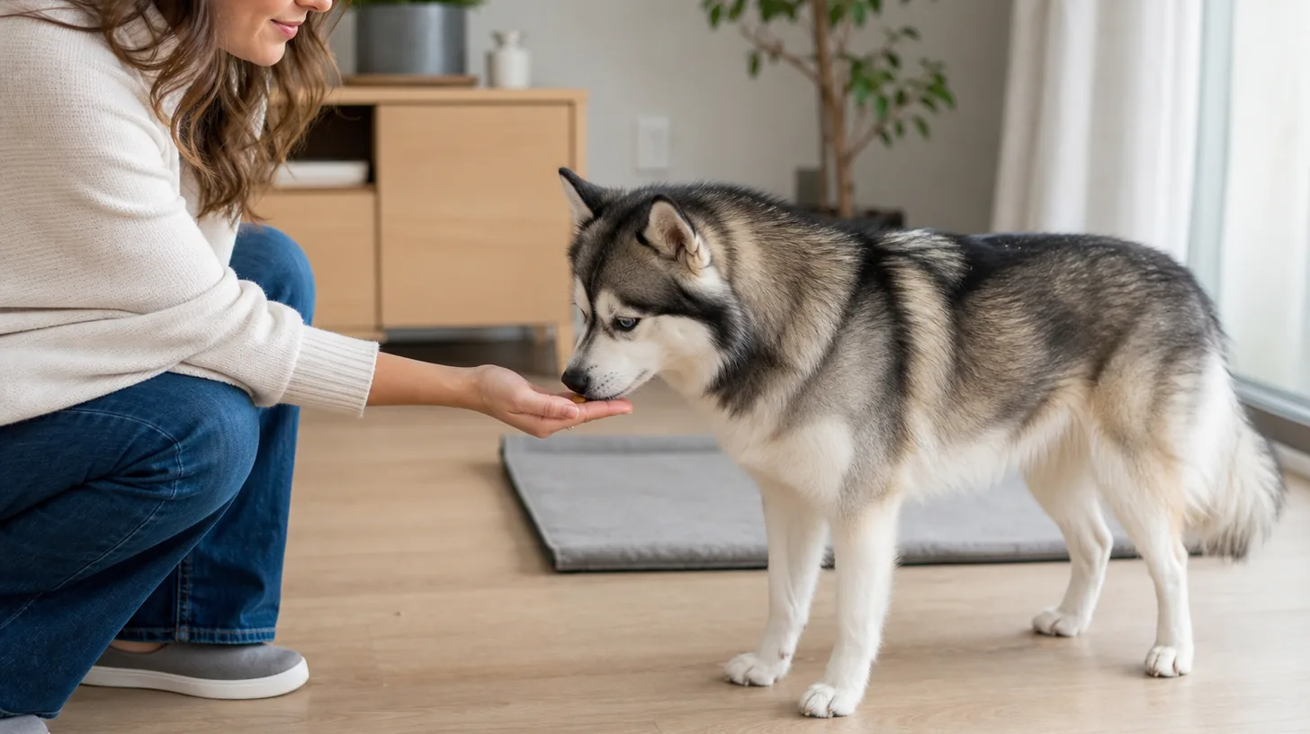A Pomsky waits calmly while a caregiver offers a small treat on a flat palm