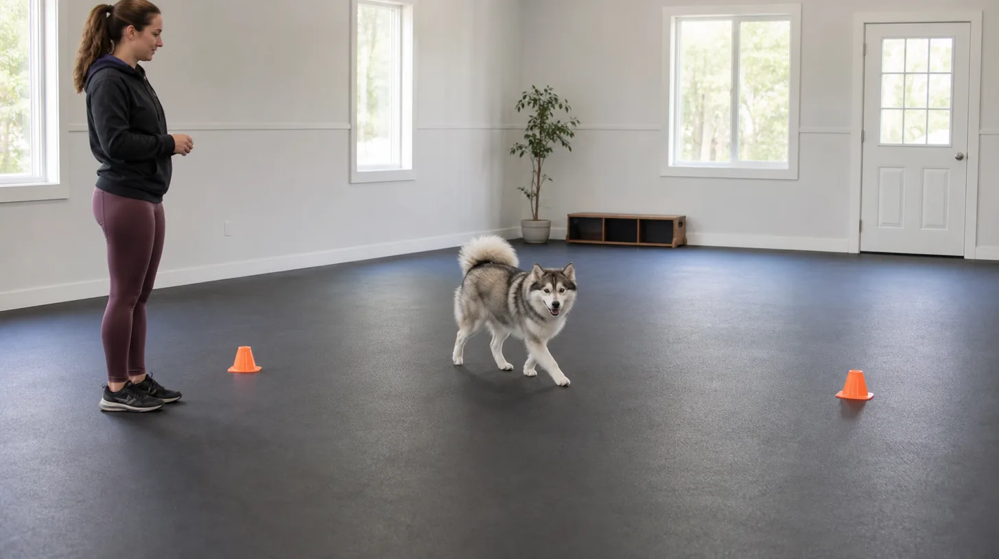 A Pomsky walks between two widely spaced training cones on a nonslip floor