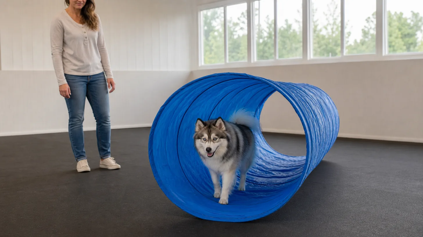 A Pomsky walks calmly through a short wide open tunnel
