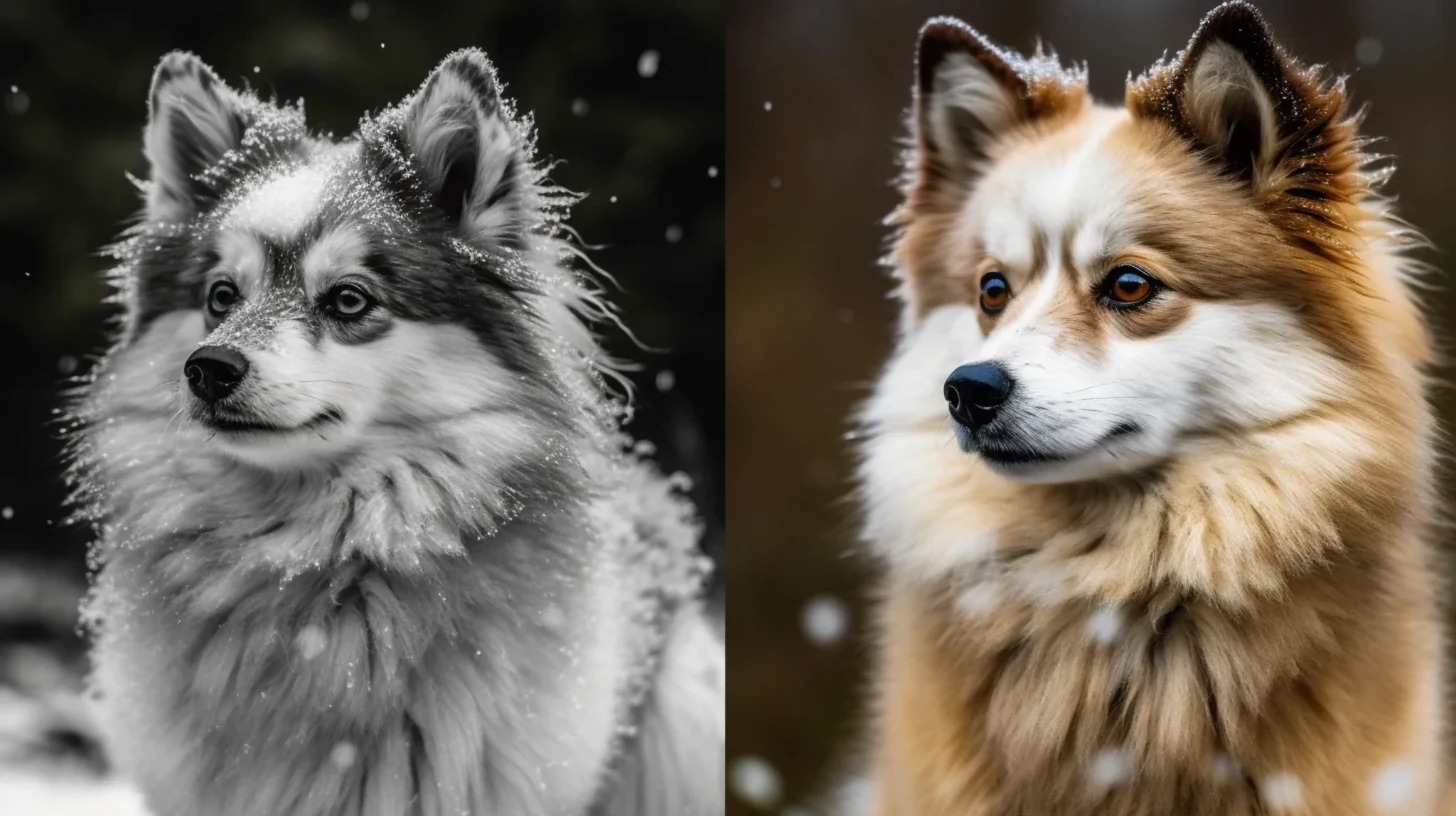 Two realistic adult Pomsky type dogs showing that adult size can vary by height, build, and parent genetics